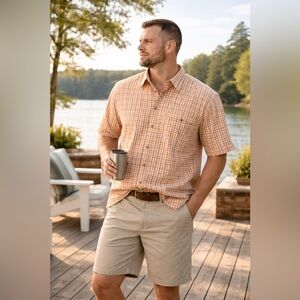 Orvis XL Orange Gingham Short Sleeve Button Down Shirt 100% Cotton